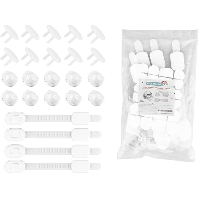Kids Heroes Kit de Seguridad para Bebes y Niños con 10 Esquineros Protectores, 10 Protectores de Enchufes y 4 Seguros para Puertas y Cajones
