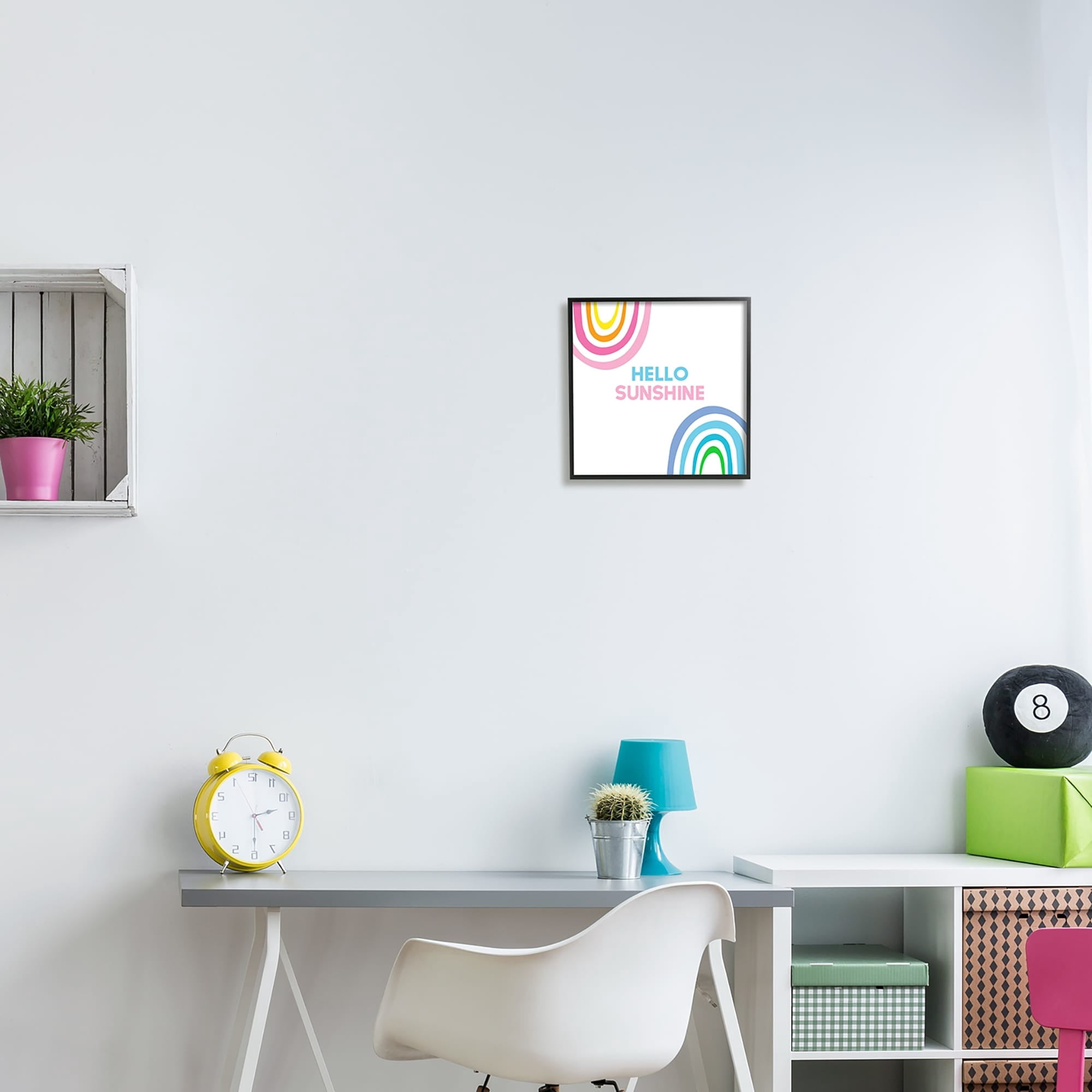 Stupell Industries Hello Sunshine Pastel Greeting Pink Blue Rainbows Graphic Art Gray Framed Art Print Wall Art, Design by Ilene Segal