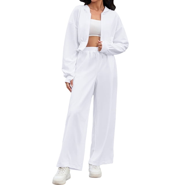 Conjuntos de chándal para mujer ATHLECHIC de 2 piezas, sudadera corta casual y pantalones de pierna ancha, conjuntos de entrenamiento y lounge, S Blanco