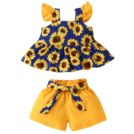 

MAMOWEAR Toddler Baby Girl Clothes Ruffle Sunflower Top + Solid Shorts Kids Summer Outfits Sets