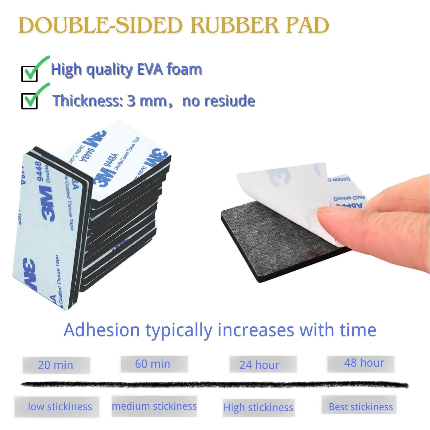 Double Sided Adhesive Pads,Heavy Duty Mounting Tape,48Pcs 3mm Eva Foam Super-Sticky Black Strong Pads Rectangle Waterproof for Walls Car Home Office