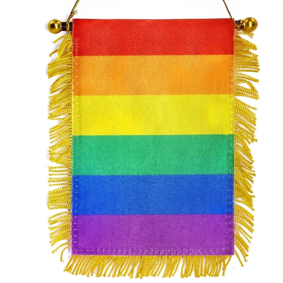 Anley 4 X 6 Inch Rainbow Fringy Window Hanging Flag - Mini Flag Banner & Car Rearview Mirror Décor - Fringed & Double Sided - Rainbow LGBT Hanging Flag with Suction Cup