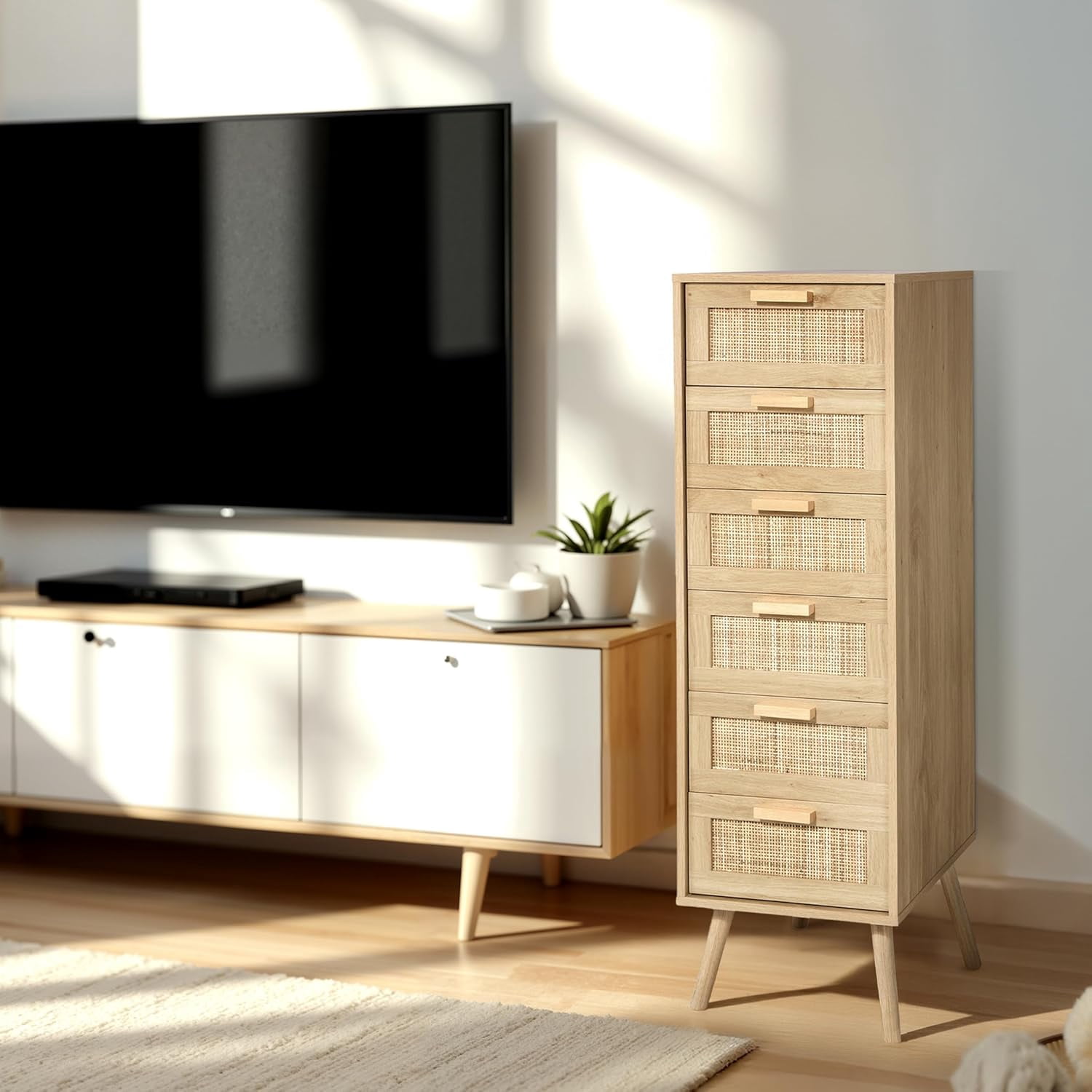 Finnhomy Rattan Tall Dresser with 6 Drawers, Natural