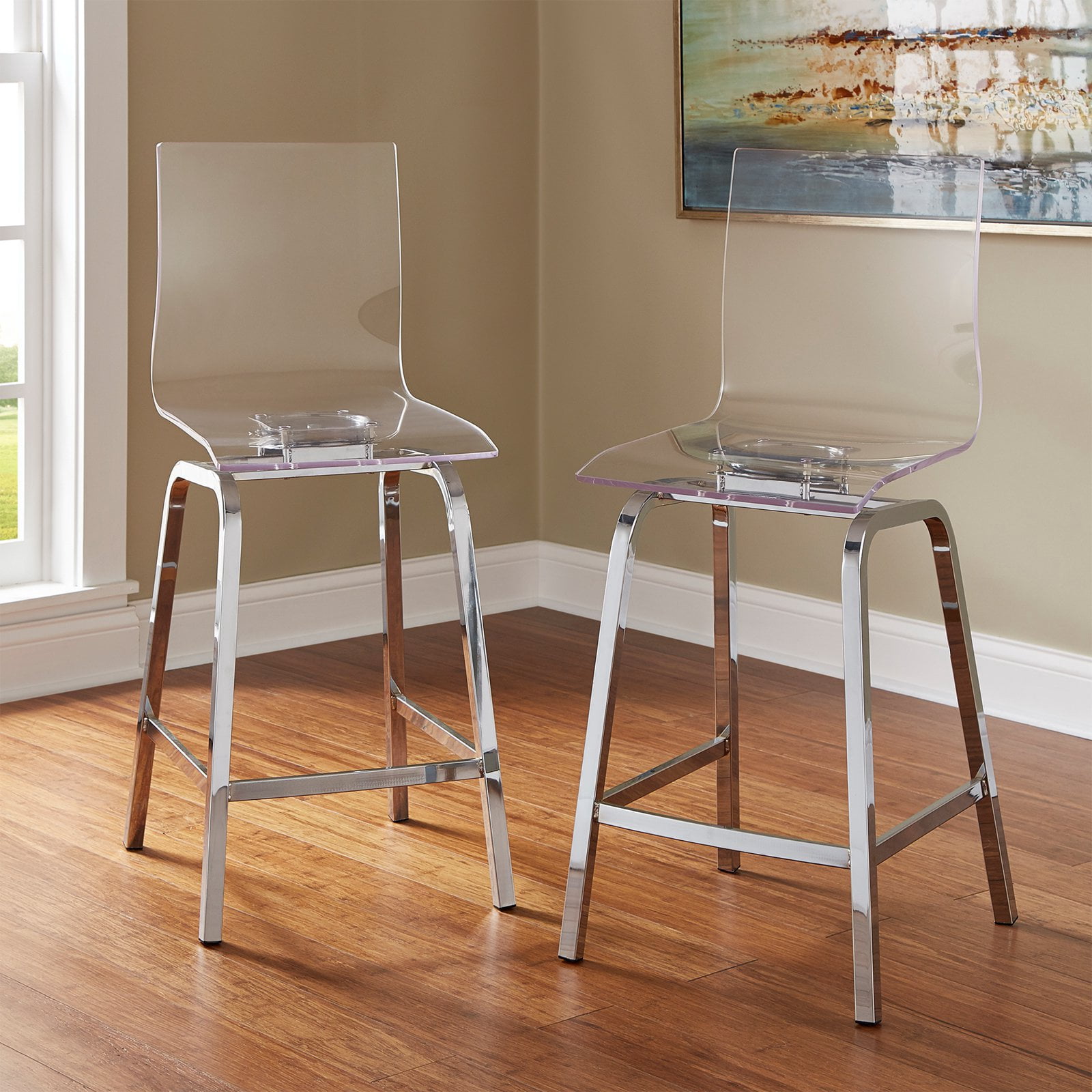 Chelsea Lane Acrylic and Chrome Swivel Stool, Set of Two, Counter Height