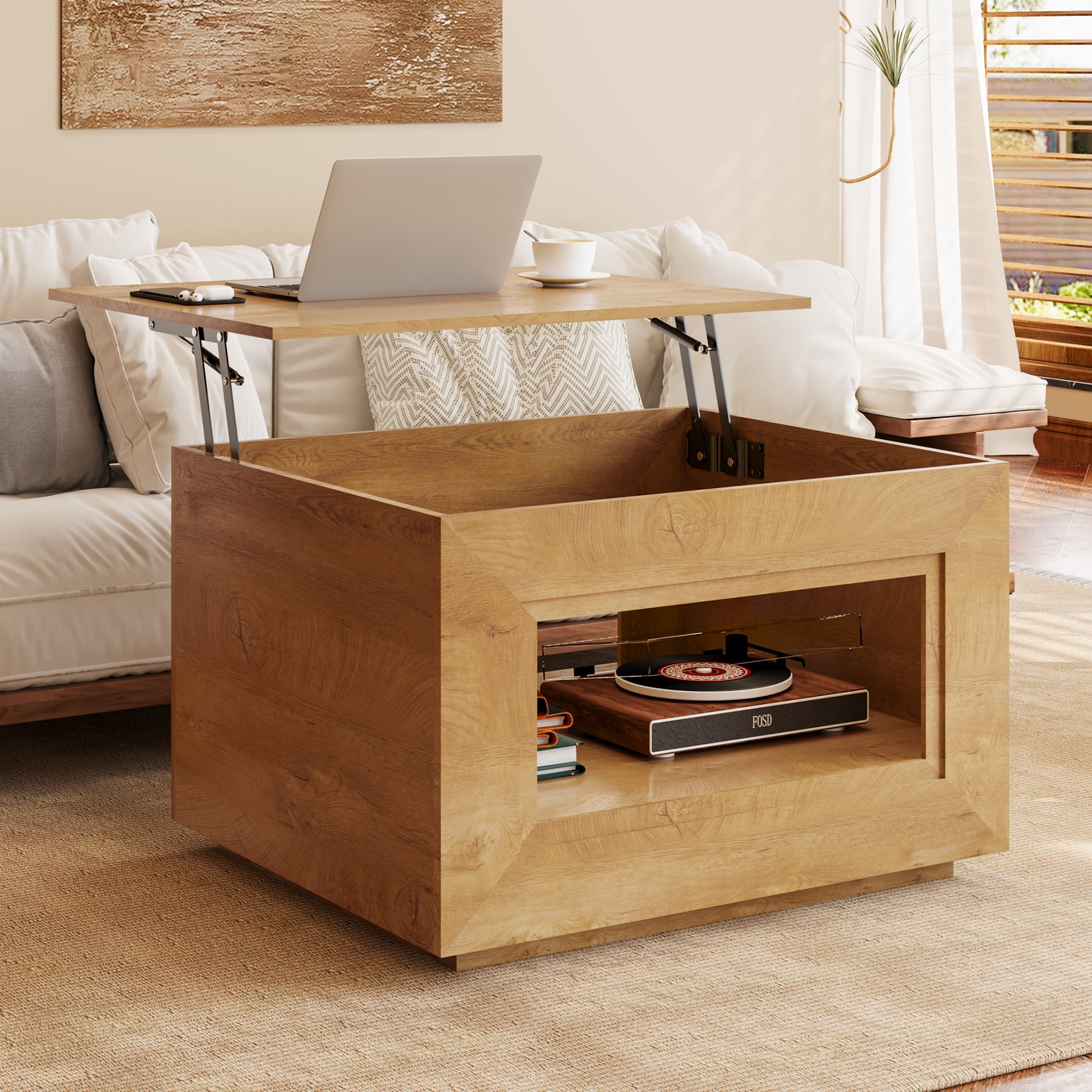 GUNAITO Lift Top Coffee Table with Storage, Wooden Convertible Coffee Table with LED Lights for Living Room, Square Center Table, Natural wood