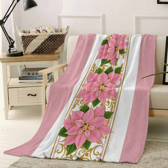 Pink Poinsettia Throw Flannel Blanket 40x50In Christmas Winter Pink Flowers Super Soft Cozy Bed Blanket, Lightweight Plush Fuzzy Bed Throw for Bedroom Sofa Couch Living Room