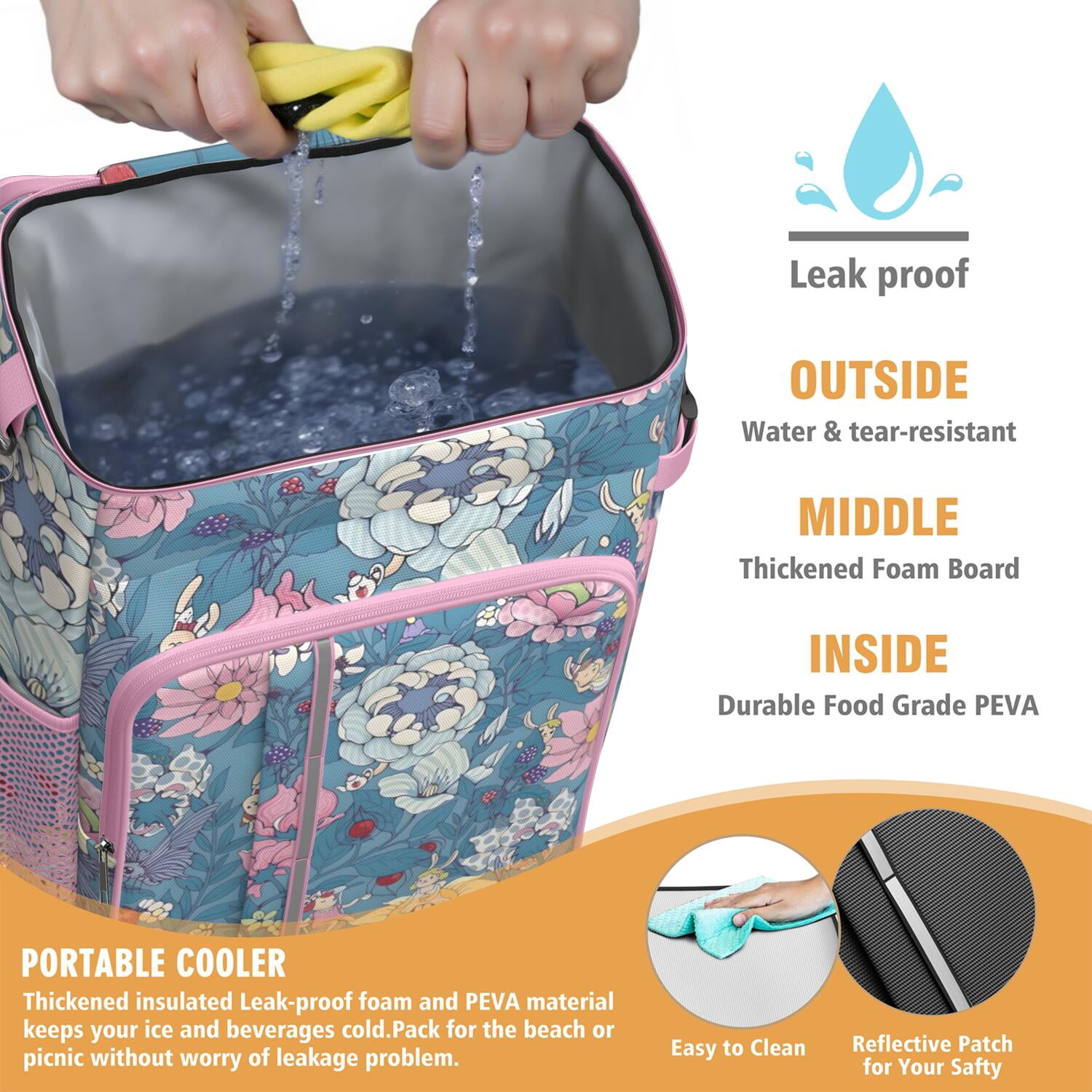 Travel Cooler Bag - Pioneer Flower Floral Print Pattern Camping Beer Cooler Backpack with Bottle Opener- Waterproof Insulated Picnic Backpacks - Cooler Bag for Beach