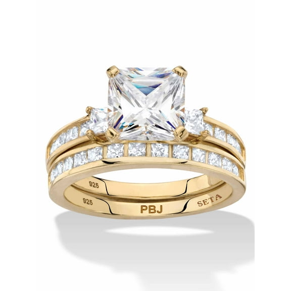 PalmBeach Jewelry Princess-Cut Halo Cubic Zirconia 2-Piece Wedding Ring Set 3.62 TCW in Gold-Plated or Platinum-Plated Sterling Silver
