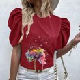 thumbnail image 2 of Mujeres Casual de manga corta de impresión plisada corta cuello redondo camiseta suelta blusa Tops OAVQHLG3B Store lin121212, 2 of 5