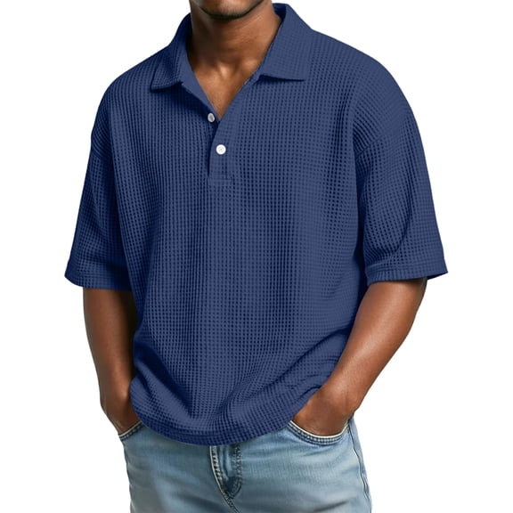 Lumtrix Short Sleeve Waffle Polor Shirt Men Casual Button Down Shirts with Collar Lightweight Big and Tall Golf Shirts Navy XL