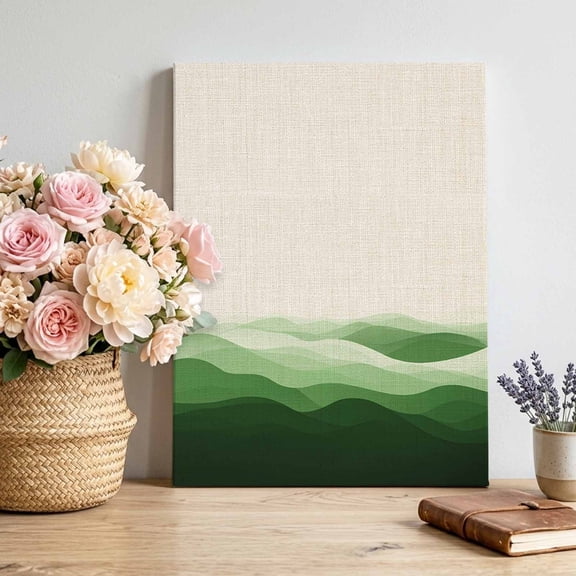 Abstract Canvas Wall Art, Minimalist Green Wave Linen Texture Pictures Wall Decor Wooden Framed Artwork Art Prints for Living Room Hallway Bedroom Office 20"x24"