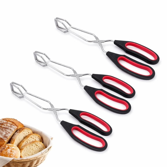 GIXUSIL Scissor Stainless Steel Tongs with Plastic Silicone 3 Pcs Bread Clamp for Kitchen Food Baking Outdoor BBQ Grilling Black Tongs 9 inch