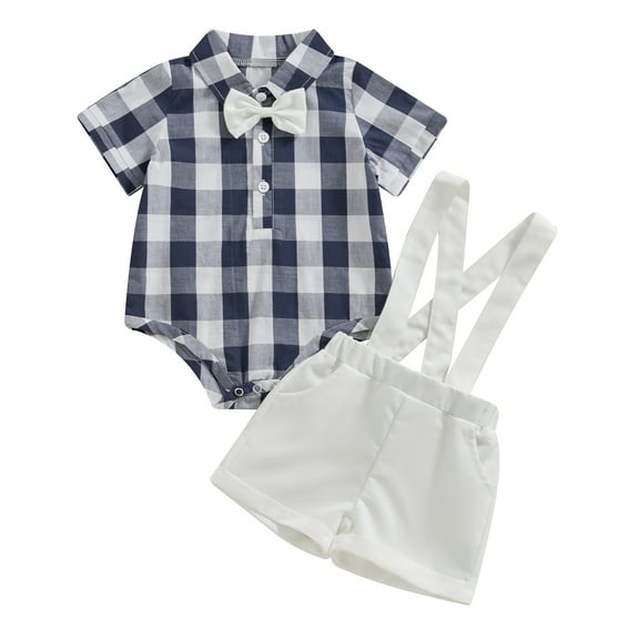Baby Boy Summer Outfits, Short Sleeve Button Down 3D Bowtie Plaid Tops T-Shirt Suspender Shorts Infant Toddler 2 Piece Set