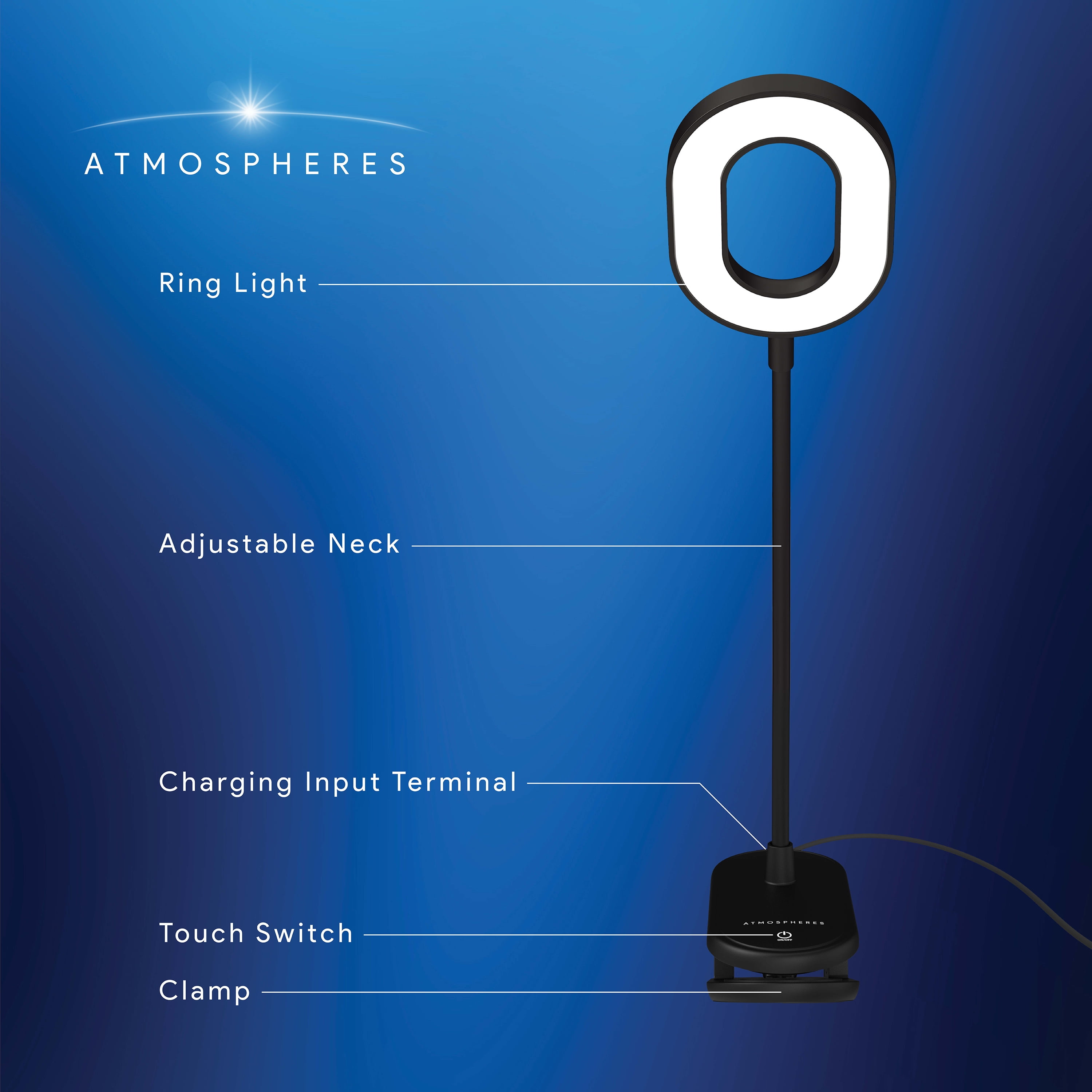 Atmospheres Task Lamp, USB Rechargeable Clamp-on LED Desk Light, Glossy Black