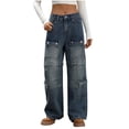 thumbnail image 3 of TaTaai Women Solid Color Straight Leg Denim Cargo Pants Multi Pockets Button Design Casual Fashion Jeans Durable Machine Washable Non See-through Daily Outdoor Street Wear Gift, 3 of 6