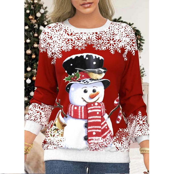 Jersey de Navidad para mujer, blusa suelta, sudaderas para mujer, camisetas de manga larga de Navidad (rojo frijol XL)