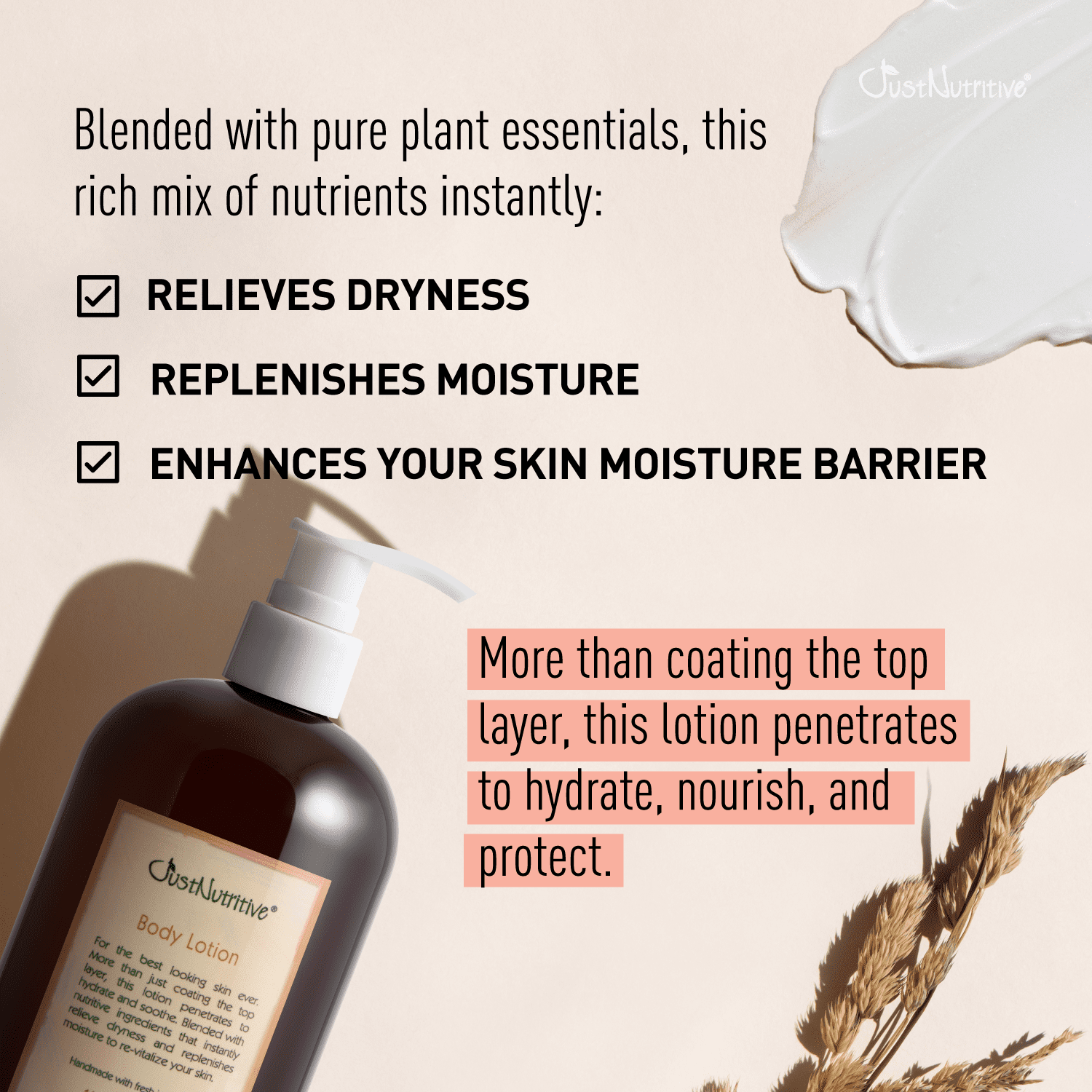 Just Nutritive Body Lotion for Moisturizing Dry Skin with Cocoa Butter, All Skin Types, 16oz