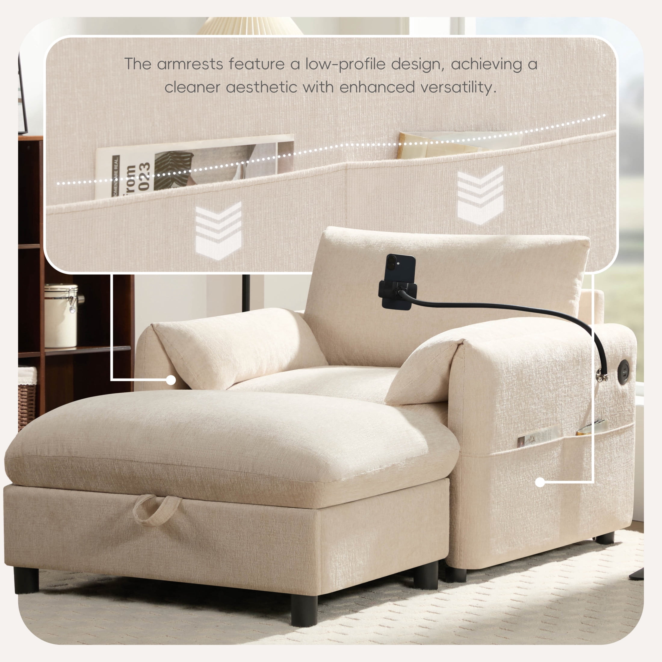 Noble House Odette 37" Chenille Upholstered Armchair with Storage Ottoman and Charging Port, Cloud Chaise Lounge, Beige