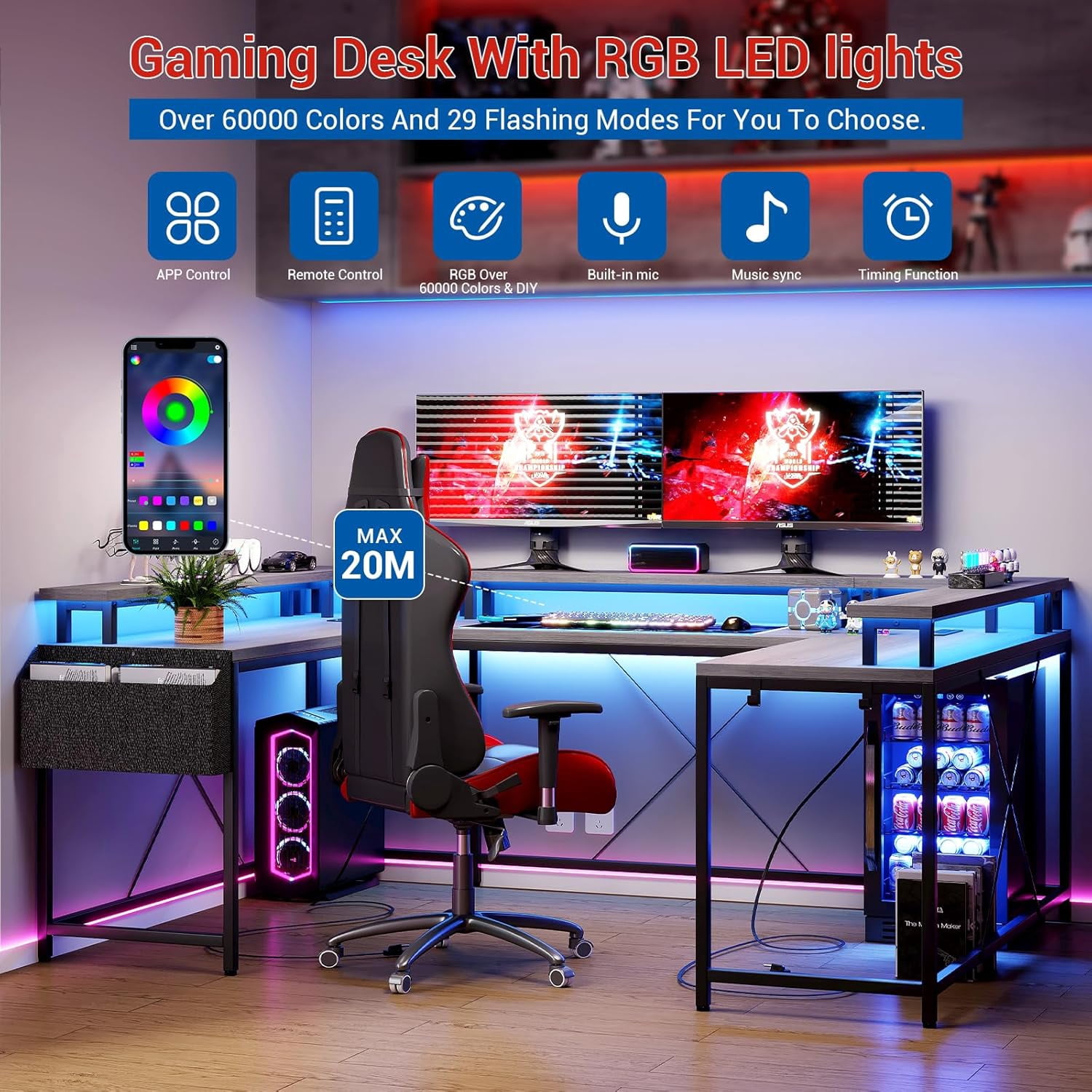 U Shaped Home Office Desk, Reversible L Shaped Gaming Computer Desk With Power Outlets,126 Inch Computer Desk With Monitor Stand and LED Lights,Storage Shelves,Storage Bag and Hooks（Grey Oak）