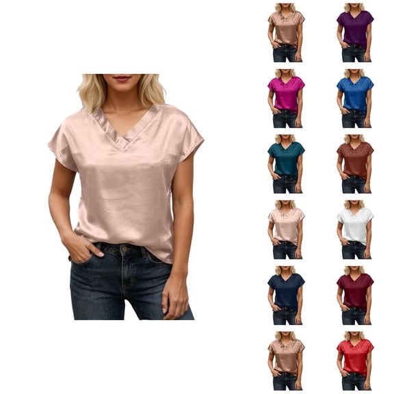 Satin T Shirts for Women 2026 Summer Short Sleeve V Neck Business Dressy Casual Office Work Tshirt Blouse