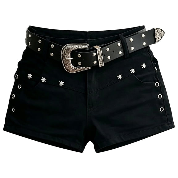 Hmhnsya Women Y2k Gothic Low Waist Rivet Denim Shorts With Belt