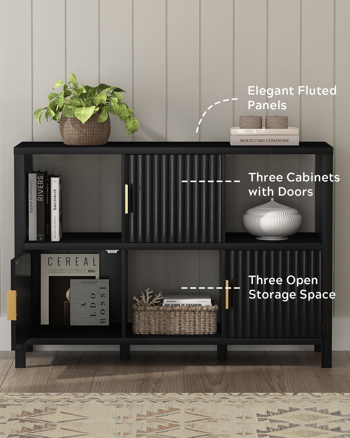 EYYTHUNG Fluted Storage Organizer Bookshelf, Modern Cube Bookcase with 3 Open Shelf and 3 Cabinets with Doors, Black