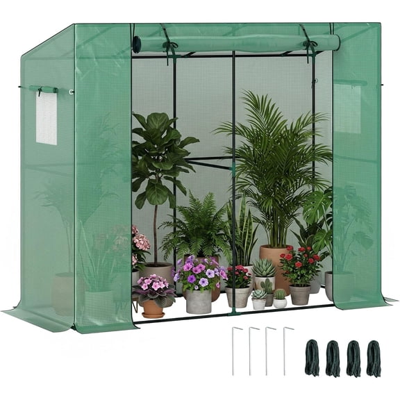 NeoNiches 6.6' x 2.5' x 5.6' Lean-to Small Greenhouse for Outdoors, Portable Greenhouse with UV-Resistant PE Cover, Walk-in Green House with Roll-up Door and Mesh Windows, Green