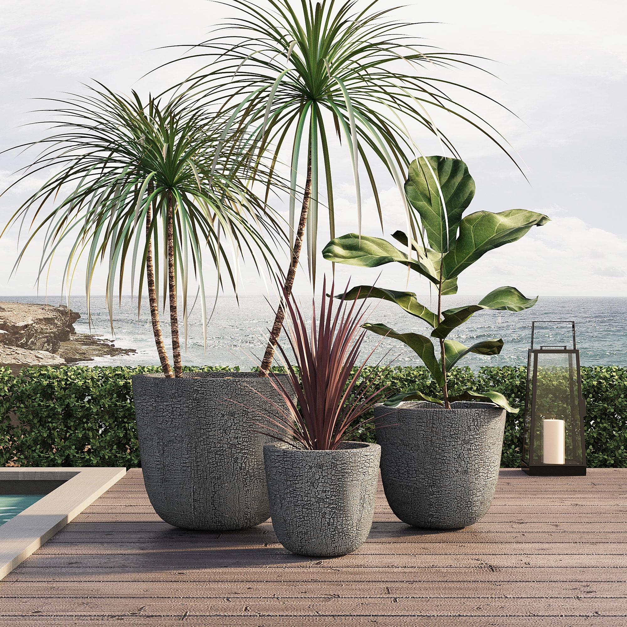 Harper & Bright Designs 3 Pieces Outdoor Concrete Planter Set, Patio Flower Pots Stone-Look Textured with Drainage Holes and Rubber Plug for Garden Poolside, Gray