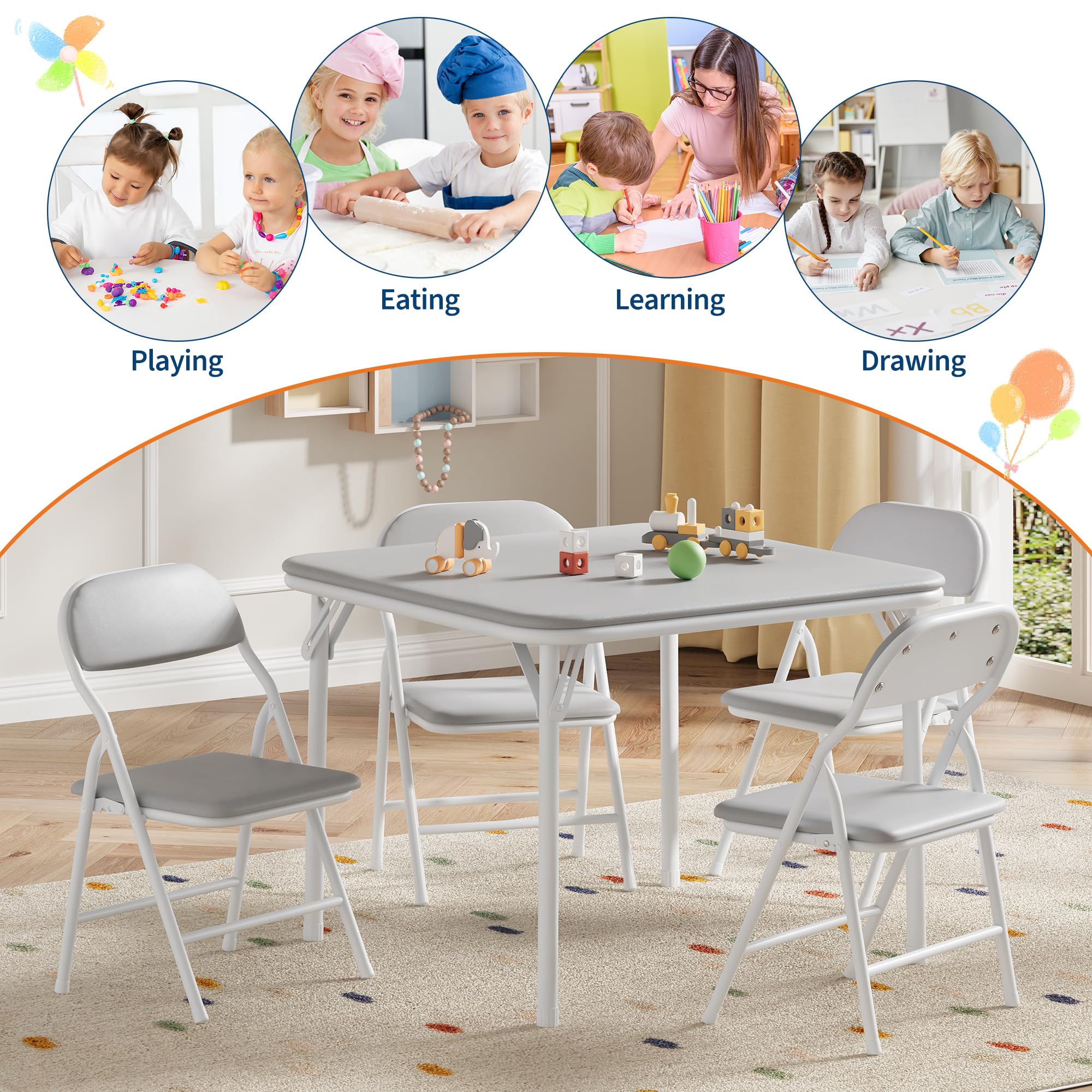 Huisuilinss Kids Folding Table And Chairs,Square Children's Activity Table And Chairs,Kids Table And Chair With Padded Cushion,Metal Folding Activity Table With Chair For Dining Daycare Classrooms
