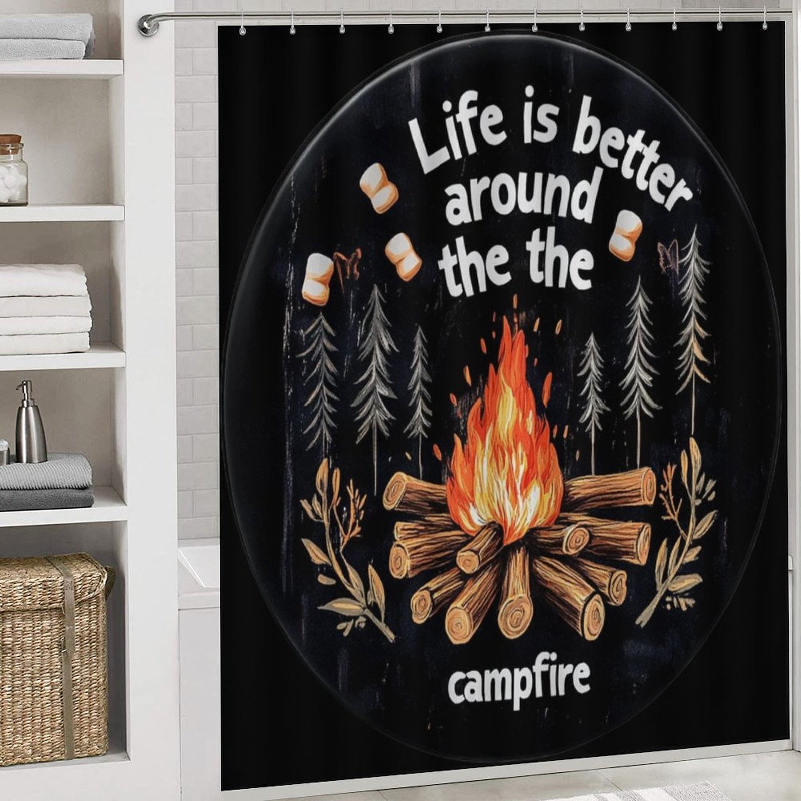 Shower Curtain Sets with Rugs 4 Piece with Rugs Include Waterproof Shower Curtain Non-Slip Rug Toilet Lid Cover Bath Mat Life Is Better Around The Campfire Durable and Waterproof Happy Camper