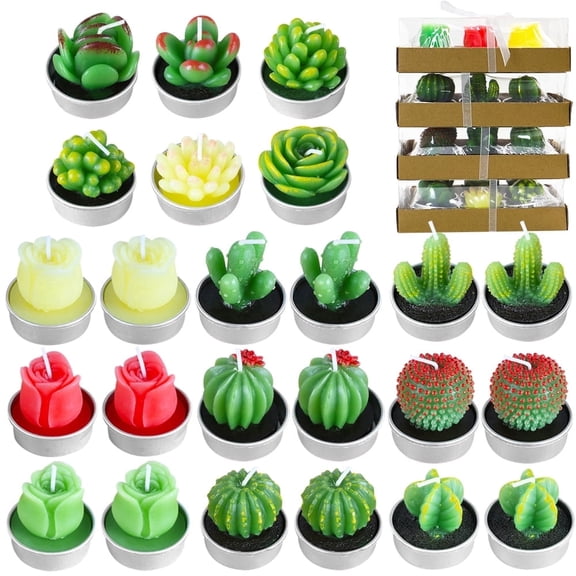 FULANDL 24PCS Succulent Cactus Tealight Candles Set, Decorative Tealight Candles, Artificial Succulent Plants Candles for Party Home Wedding Decor