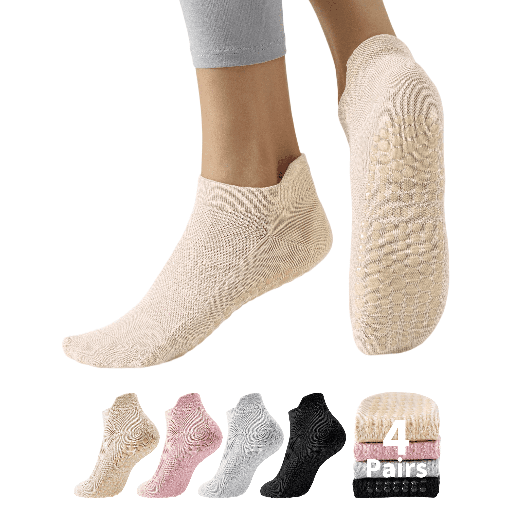 Yawlsow 4 Pairs Pilates Socks with Grips for Women, Grippy Socks for Barre Yoga Workout, Hospital, Size 5-9