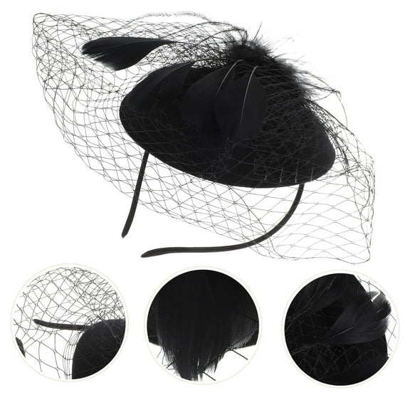 MLINS Elegant Women Fascinator Headband with Gauze Mesh and Plume for Tea Black