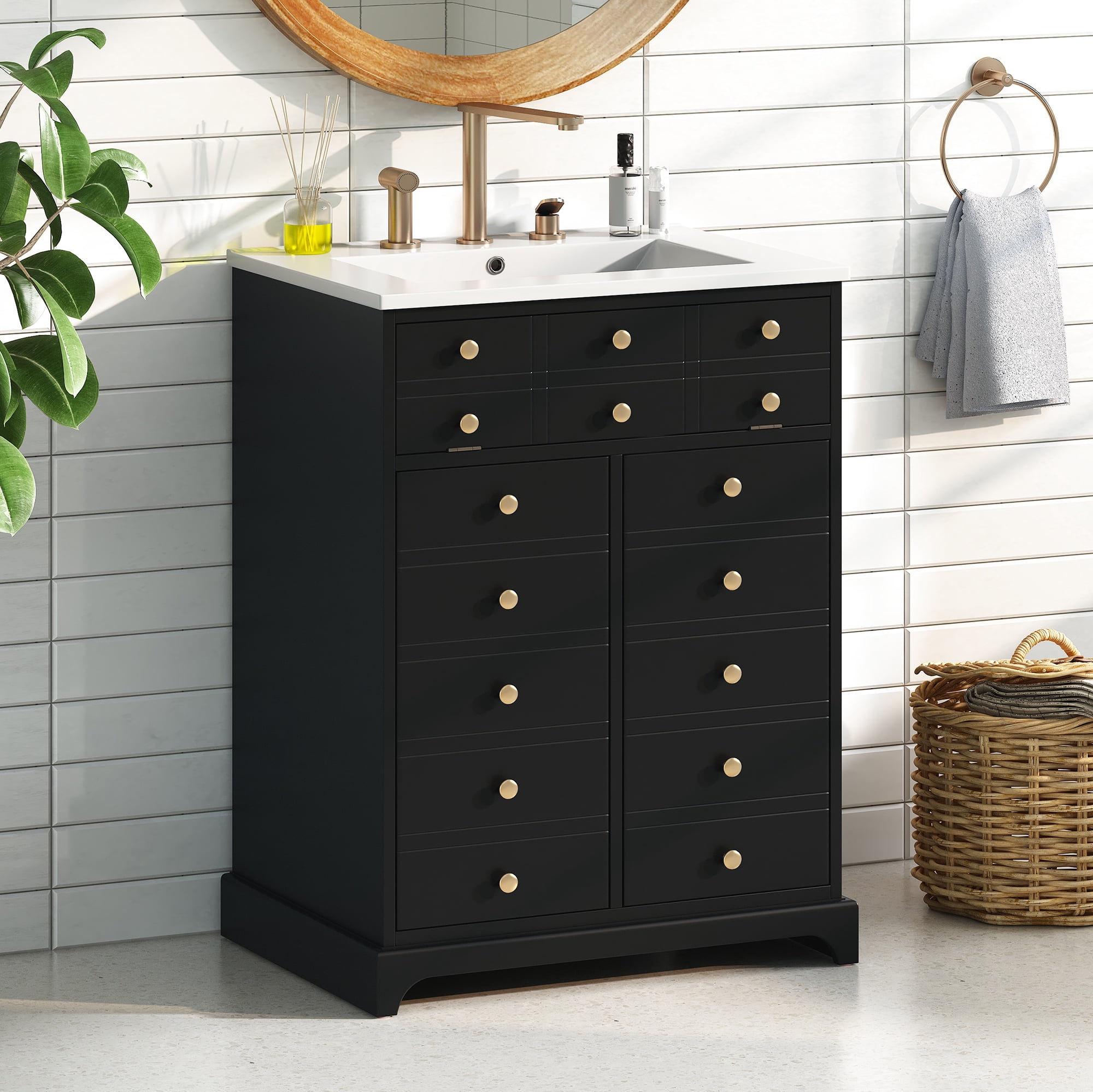 Euroco 24" Bathroom Vanity with a Drawer & Two Soft-Closing Doors, Painted Modern Bathroom Storage Cabinet with Ceramic Sink, Stylish Single Sink Cabinet for Small Spaces