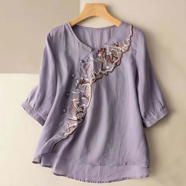 ICHUANYI Clearance Womens Spring Summer Solid Color Casual Loose Fashion T-Shirt Five-point Sleeve V-Neck Embroidery Button Tops Cotton And Linen Blouse(Purple, XXL) ICHUANYI WER2023080915982