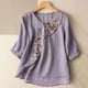 thumbnail image 1 of ICHUANYI Clearance Womens Spring Summer Solid Color Casual Loose Fashion T-Shirt Five-point Sleeve V-Neck Embroidery Button Tops Cotton And Linen Blouse(Purple, XXL) ICHUANYI WER2023080915982, 1 of 6