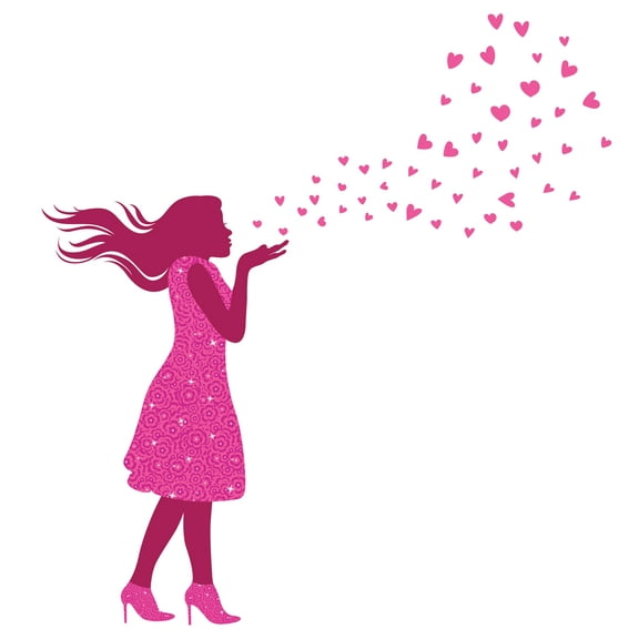 GIRLY - Art Easy To Apply Girl Silhouette With Pink Floral Dress Outfit Decoration Blowing Hearts Away Design Vinyl Wall Decal - Home Living Room Flying Kiss Wall Decal Sticker 9" x 10"