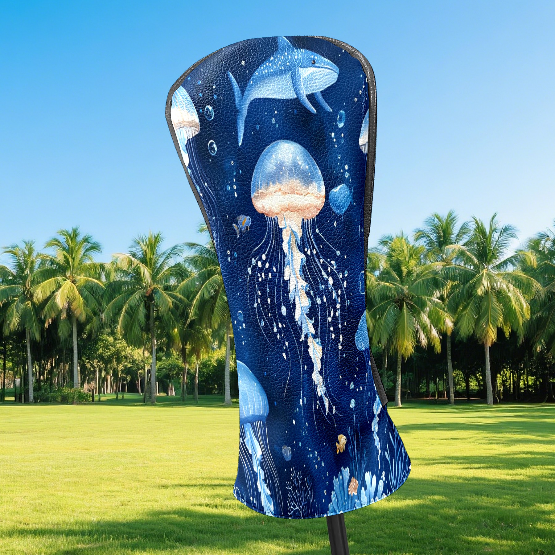 Golf Club Covers, Blue Jellyfish Sea Premium PU Leather Driver Hybrid Putter Head Covers with Velvet Lining, Waterproof Golf Gifts for Men Women