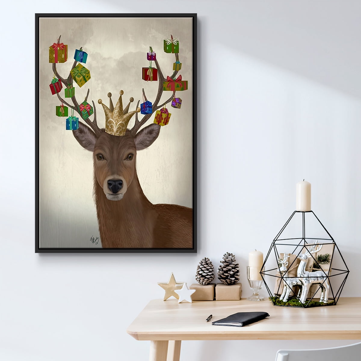 Christmas Gift Bearing Deer - Framed Gallery Wrapped Holiday Canvas - 25 x 37 - Black Frame