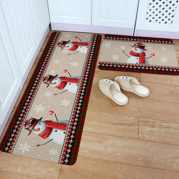 Kitchen Rug Mat Christmas Snowman Snowflake, Set of 2, Anti-Fatigue Non-Skid Washable Kitchen Runner Rugs, Farmhouse Red Buffalo Plaid Soft Comfort Rug for Kitchen, Floor Home, Front of Sink, Laundry