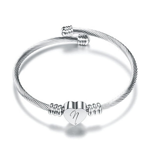 Pulsera de alambre de acero inoxidable con 26 letras para mujer, regalo para mujer, pulsera con forma de corazón, collar
