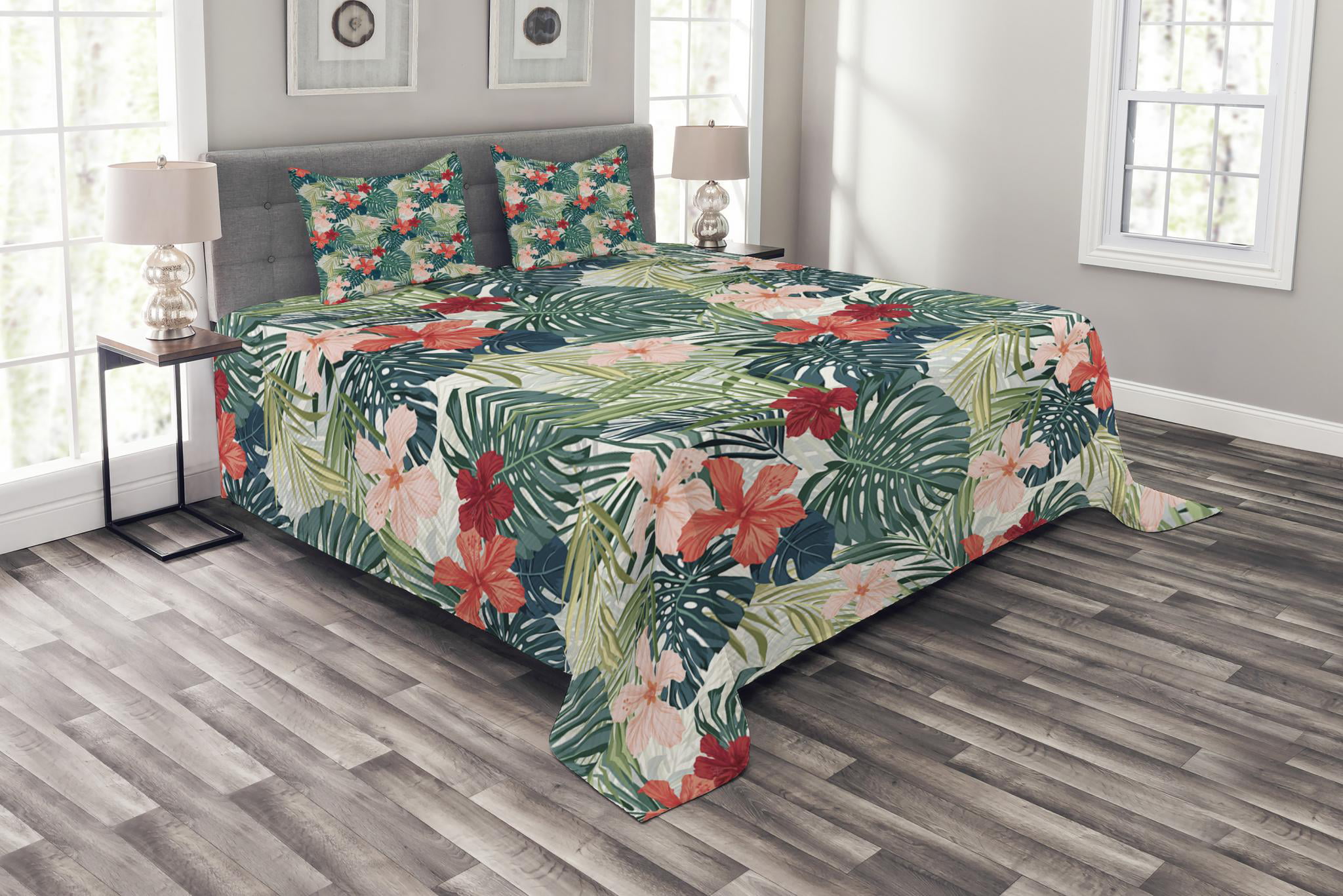 Lunarable Leaf Coverlet Set King Size Hawaiian Summer Tropical Island Vegetation Leaves with Hibiscus Flowers 3 Piece Decorative Quilted Bedspread Set with 2 Pillow Shams Orange Yellow