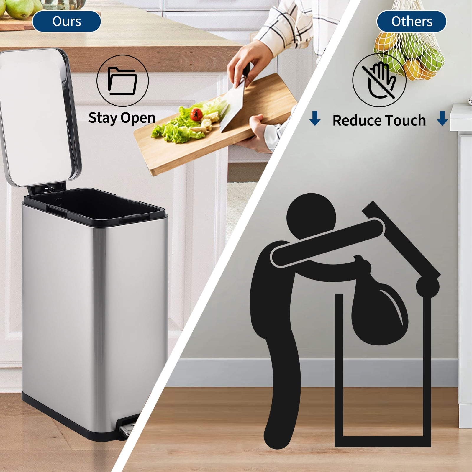 Ataucjin 13 Gallon Step Trash Can, Stainless Steel Kitchen Garbage Bin with Soft-Close Lid & Removable Inner Bucket, Fingerprint-Resistant Slim Rectangle Design for Narrow Spaces