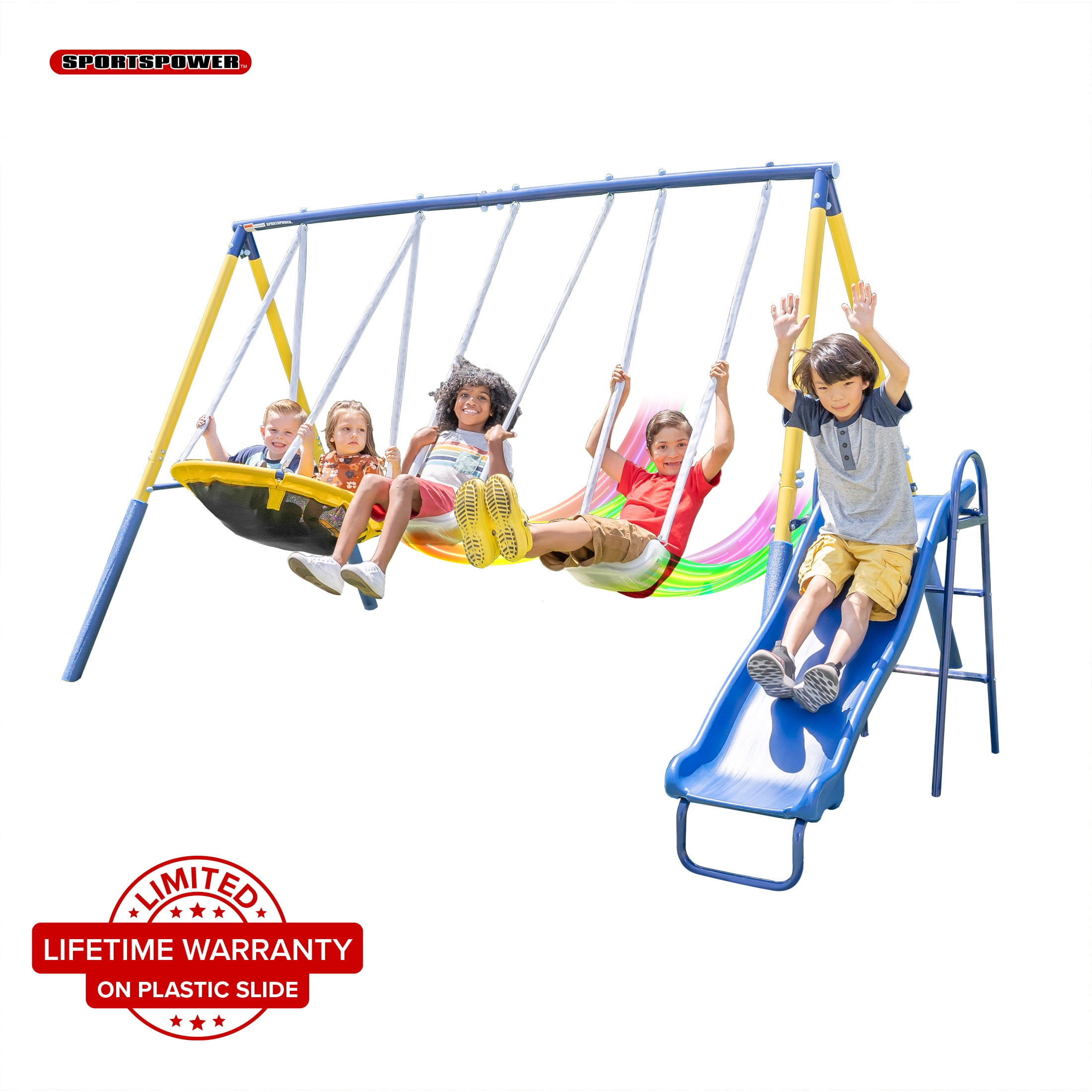 Sportspower Starlight Metal Swing Set for Kids Ages 38 with 2 LED Swings, Saucer Swing, 5ft Slide, 6ft Durable Steel Frame & Bonus Anchor Kit