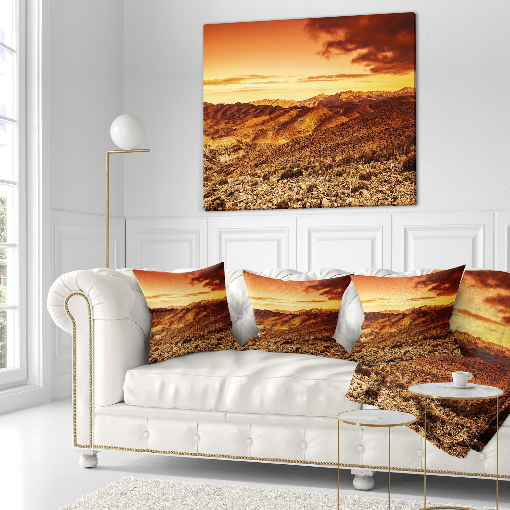 Designart Cloudy Dramatic Sunset in Desert - Landscape Printed Throw Pillow - 18x18