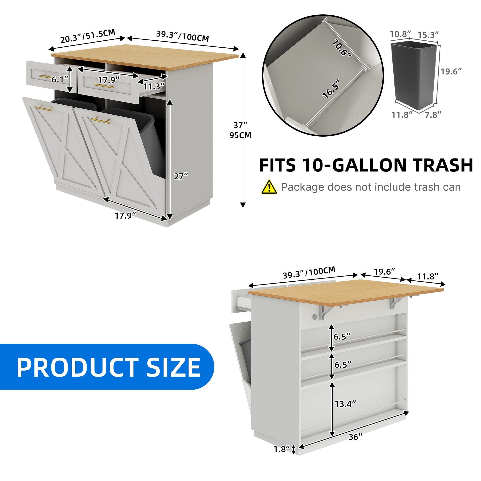 Uforic Kitchen Storage Cart with Drop Leaf & Shelves, Kitchen Island Table with Power Outlets & Trash Storage, White