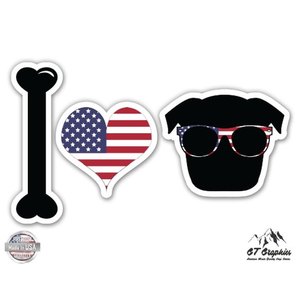 I Heart Pug American - 3" Vinyl Sticker - For Car Laptop I-Pad Phone Helmet Hard Hat - Waterproof Decal