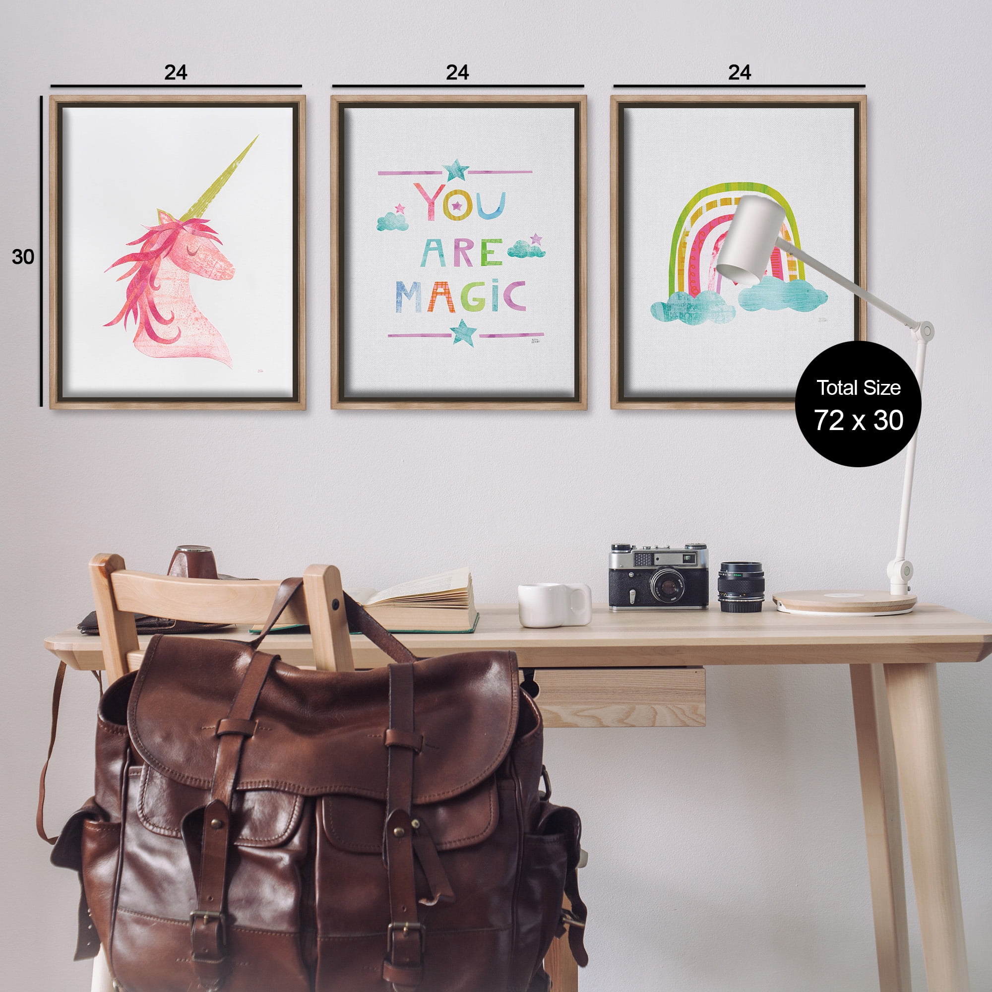 Stupell Industries You Are Magic Rainbow & Unicorn Art for Kids Painting Brown Floater Framed Canvas Art Print Wall Art, 25 x 31, Set of 3