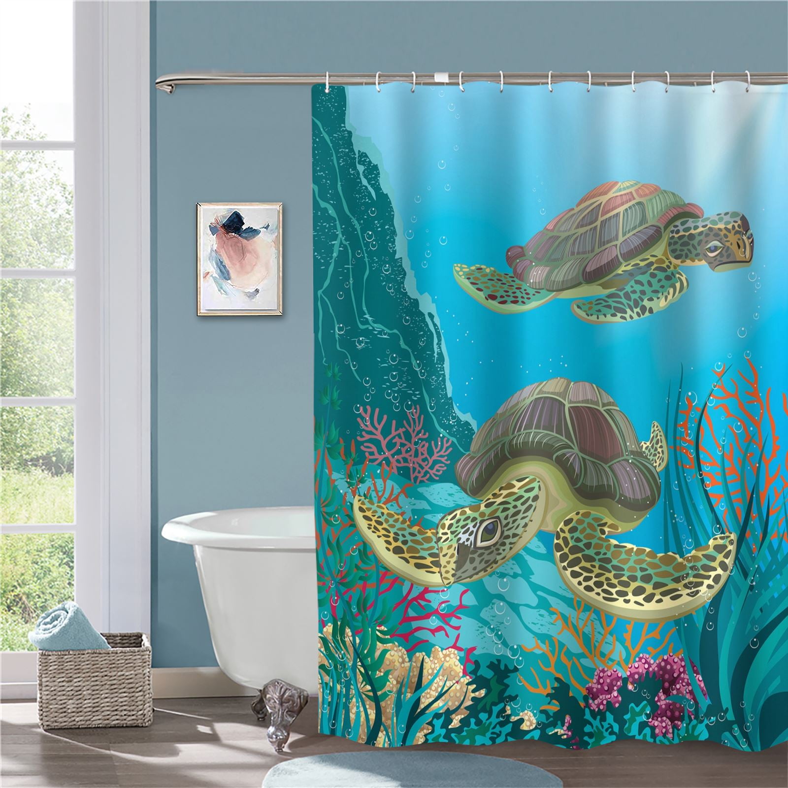 Sea Animals Decor Illustration Of Two Sea Turtles Swimming Underwater  Aquatic Fabric Shower Curtain for Bathroom,72x72 