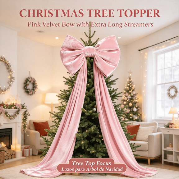 Pink Christmas Bow 62.99 x 15.75 in, Large Velvet Ribbon Bow for Christmas Tree, Wedding Backdrop, Wreath, Mantel, Door and Holiday Party Decoration